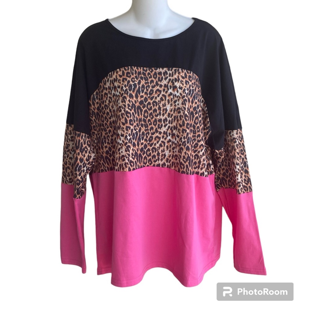 Pink Black Animal Print Stiped Top 3/4 Sleeves Size XL Cotton Spandex Boho
